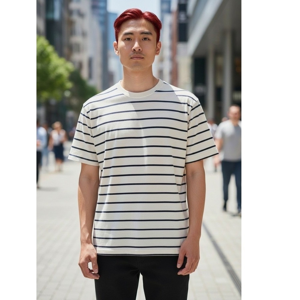 Cactus Man Ricky Singh Mens Large Striped T-Shirt Cream Navy Blue Short Sleeve